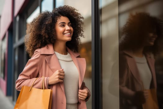 Beautiful fashion woman with shopping bags outdoors. AI Generated . High quality illustration