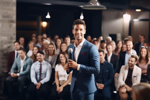 Confident businessman having a talk on corporate business with audience. AI Generated. High quality illustration