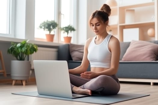 Young woman doing fitness at home using laptop. AI Generated . High quality illustration