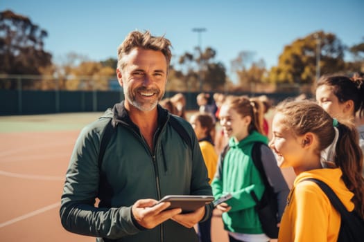 Sport couch and kids on PE class at school or sport training. AI Generated. High quality illustration