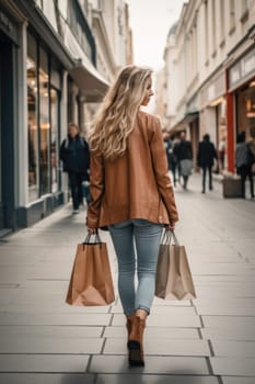 Beautiful fashion woman with shopping bags outdoors. AI Generated . High quality illustration