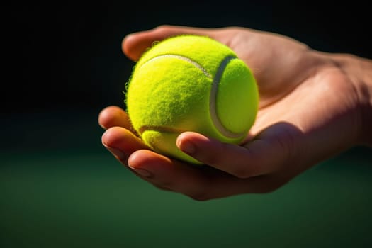 Closeup of yellow tennis ball in hand. AI Generated
