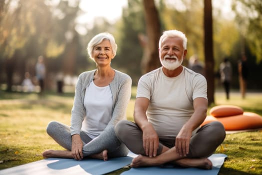 Senior family couple sitting in lotus pose in park. AI Generated