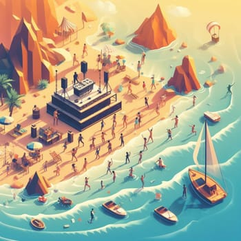 people having fun in the beach, isometric view, sea waves, 3d illustration generative ai art