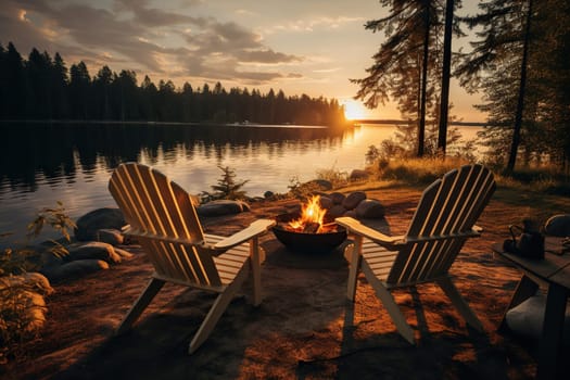 Camping by the river. Two chairs near a fire at sunset.