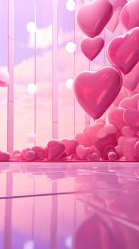 Abstract valentine vertical background illustration with pink hearts hanging indoors with copy space.