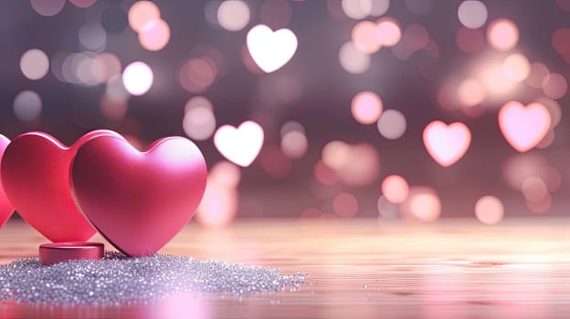Pink hearts over a wooden table with blurred background and copy space. Love and san valentine background concept.