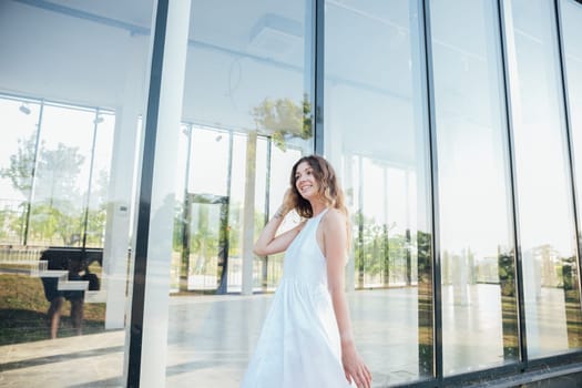 woman near glass showcase rest walk