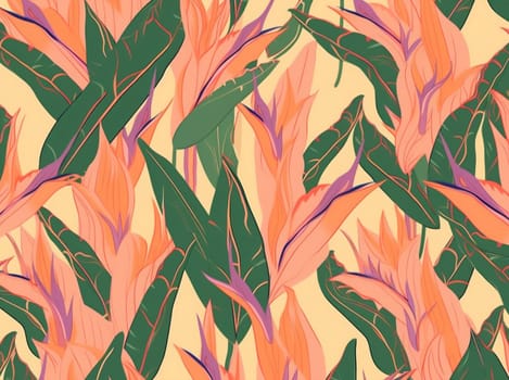 pink leaf garden trendy textile tropical orange abstract palm plant print vintage art pattern colorful green exotic flower jungle seamless. Generative AI.