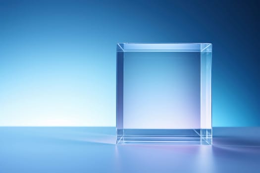 Transparent glass cube on a blue gradient background. Transparent background texture with a dream for text.
