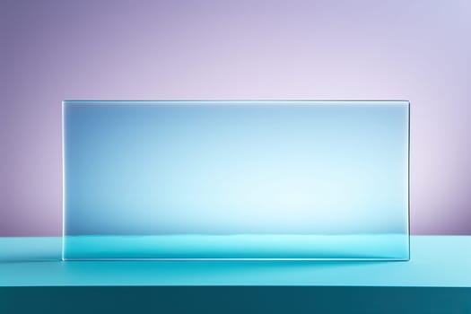 Transparent glass matte rectangle on a turquoise podium. Frosted glass texture.