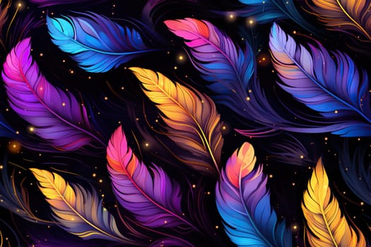 Colorful feathers, firebird feather pattern. Bright background.