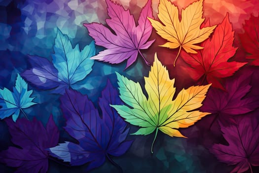 Background of drawn maple leaves of different colors. Watercolor texture.