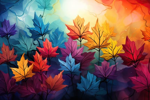 Background of drawn maple leaves of different colors. Watercolor texture.