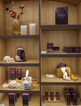 Pattaya Thailand November 10, 2023, Maai brand Massage room in Thailand at a luxury hotel, close up of Maai products in a luxury Spa in Thailand