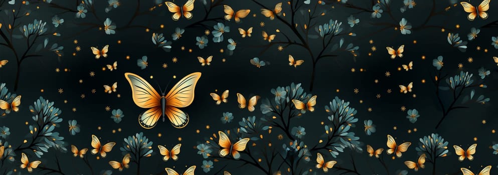 Cute wildflowers and night butterflies seamless pattern. Flowers and insects. art illustration. Navy blue background and gold foil printing. Dark floral pattern for textiles, paper, wallpapers. Orange and blue