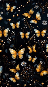 Cute wildflowers and night butterflies seamless pattern. Flowers and insects. art illustration. Navy blue background and gold foil printing. Dark floral pattern for textiles, paper, wallpapers. Orange and blue