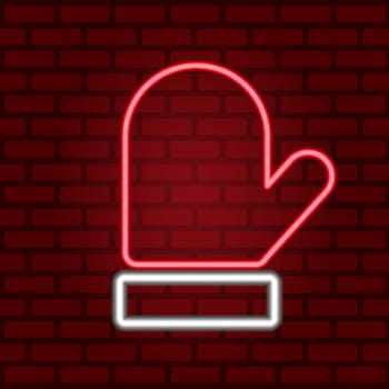 Red mittens neon icon. Warm clothes for winter. Happy New Year and Merry Christmas. The light label on the brick wall. Illustration