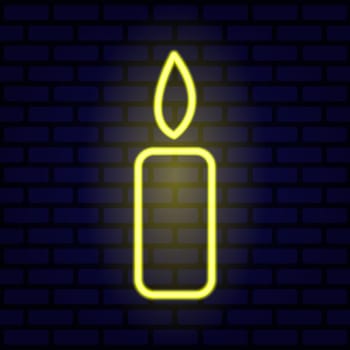 Yellow burning candle neon sign on illuminated blue brick wall background. Candle with a burning flame. Illustration in neon style