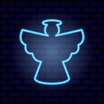 Neon blue Angel illuminated on brick wall background. Illustration