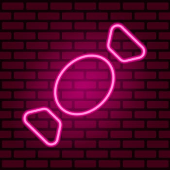 Glowing neon pink candy icon isolated on brick wall background. Illustration