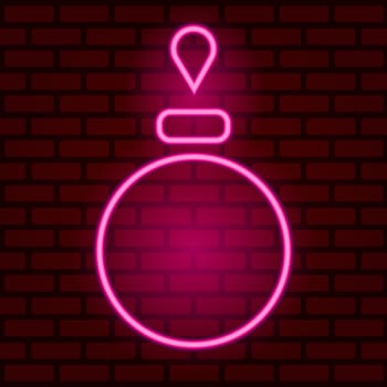 Glowing neon pink Christmas ball icon isolated on brick wall background. Merry Christmas and Happy New Year. Illustration