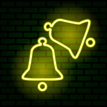 Two Christmas bells glowing yellow illuminated on the green brick wall. Merry Christmas and Happy New Year. Illustration