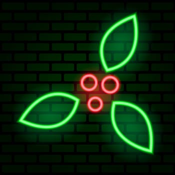 A mistletoe glowing neon sign illuminated the green brick wall. Illustration icon