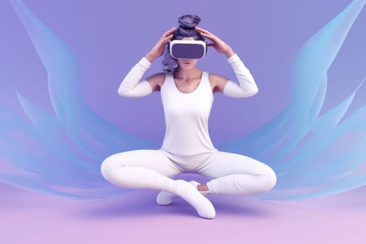 woman character virtual goggle neon happy innovation glasses game sport smart tech cyberspace digital reality person connect vr three-dimensional yoga freedom. Generative AI.