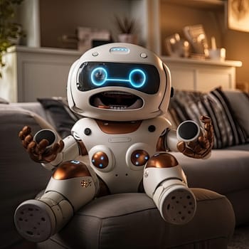 Charming robot plays games in virtual reality through VR glasses on the sofa with a fun and entertaining time in your living room at home.by Generative AI..