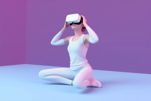 lifestyle woman entertainment blue cyborg glasses background digital reality floating cyberspace virtual vr gadget game sport freedom connect neon innovation person. Generative AI.