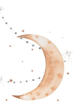 Watercolor lunar month stars and garlands. Ready-made card for your design with the moon phase in an elegant style. For invitations and flyers