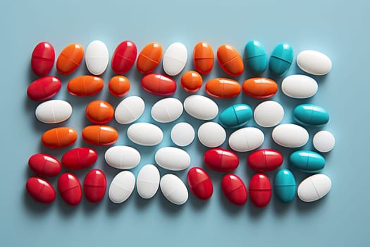 Different pills on blue background, flat lay. Taking medications.