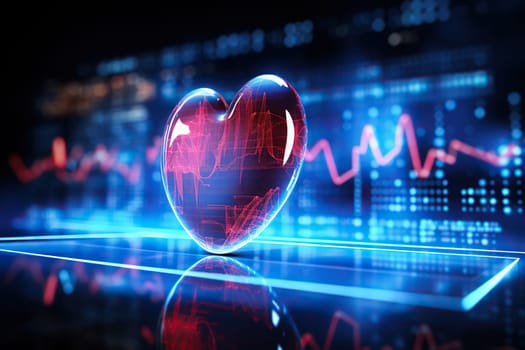 Neon heart on the background of a blurred screen with heart rate waves. Concept of medicine and health preservation.