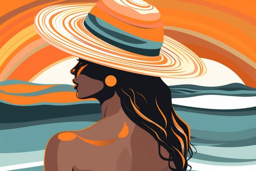 woman tanned female glamour beautiful black girl background beige person bikini summer beach ocean graphic hat banner vacation relax concept young. Generative AI.
