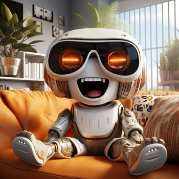 Charming robot plays games in virtual reality through VR glasses on the sofa with a fun and entertaining time in your living room at home.by Generative AI..