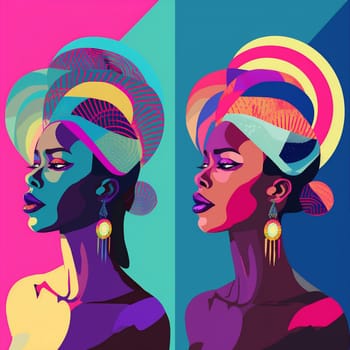 woman make-up red beauty portrait rainbow colourful fashion neon listen hair art afro pride face head love colours glamour black illustration. Generative AI.