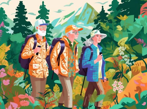 woman aged man elderly activity senior walking family kid healthy old grandfather trekking nature active happy hike adventure couple hiking. Generative AI.