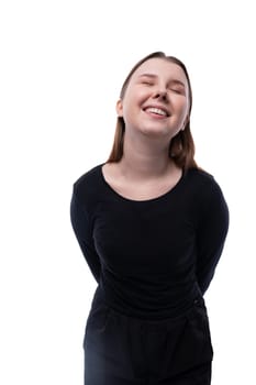 School-age girl with brown hair close-up on a white background with copy space.