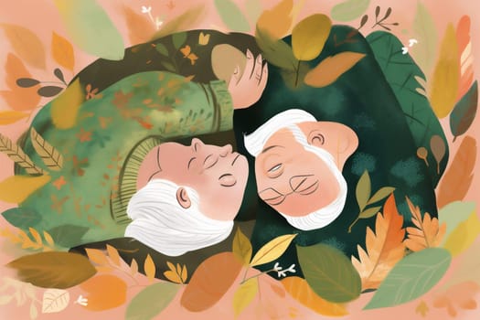 woman man couple elderly grandparent love wife together pillow asleep bed married lifestyle sleep happy sleeping old retirement cartoon senior aged retired. Generative AI.