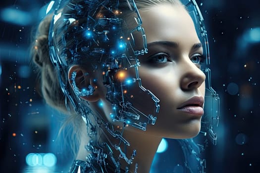 Technology and artificial intelligence, cyborg girl comes from the future world. by Generative AI..
