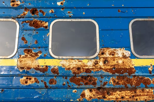 Traces of shelling by Russian troops are seen on a carriage of an evacuation train from Irpin, Kiev region