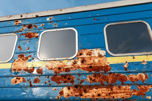 Traces of shelling by Russian troops are seen on a carriage of an evacuation train from Irpin, Kiev region