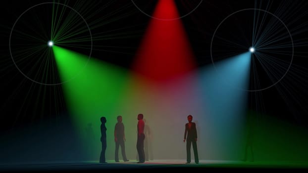 Color volume lights dance disco dancing stand people 3d render