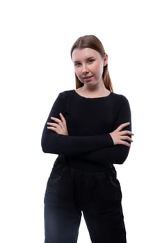 Portrait of a confident European schoolgirl on a white background with copyspace.