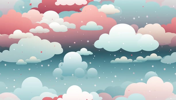 Cute colorful pastel clouds seamless pattern background. Rainbow unicorn background with clouds and stars. Pastel color sky. Magical landscape, abstract fabulous pattern. Cute candy wallpaper. Copy space