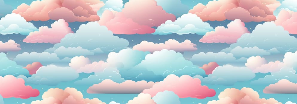 Banner Cute colorful pastel clouds seamless pattern background. Rainbow unicorn background with clouds and stars. Pastel color sky. Magical landscape, abstract fabulous pattern. Cute candy wallpaper. Copy space