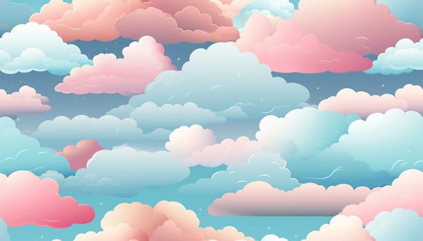 Cute colorful pastel clouds seamless pattern background. Rainbow unicorn background with clouds and stars. Pastel color sky. Magical landscape, abstract fabulous pattern. Cute candy wallpaper. Copy space