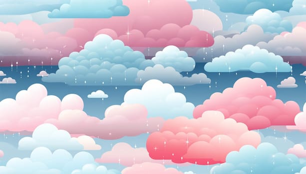 Cute colorful pastel clouds seamless pattern background. Rainbow unicorn background with clouds and stars. Pastel color sky. Magical landscape, abstract fabulous pattern. Cute candy wallpaper. Copy space