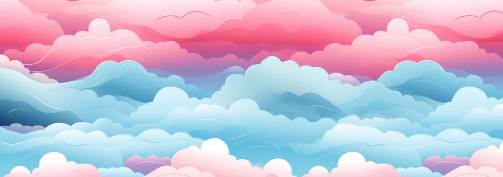 Banner Cute colorful pastel clouds seamless pattern background. Rainbow unicorn background with clouds and stars. Pastel color sky. Magical landscape, abstract fabulous pattern. Cute candy wallpaper. Copy space